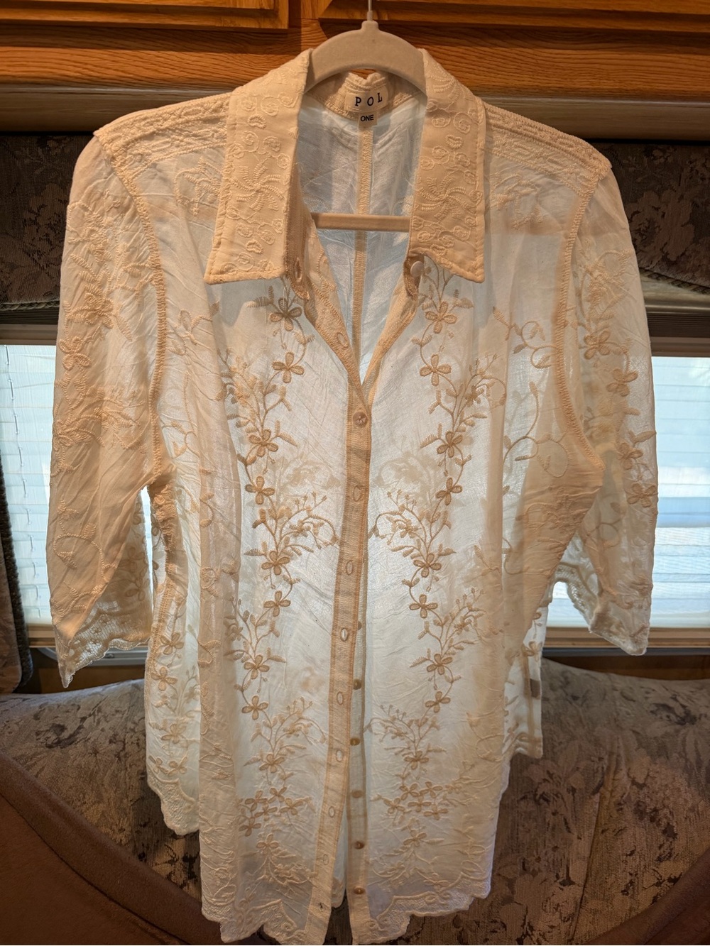 POL Embroidered Cream Button-Down Top